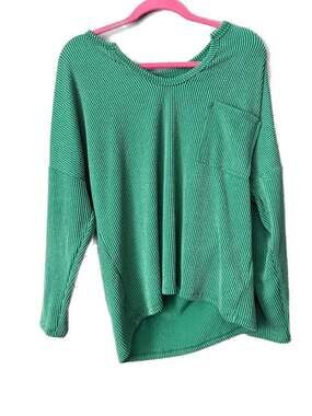 BiB! Women's Green Ribbed Oversized Long Sleeve Top with Pocket